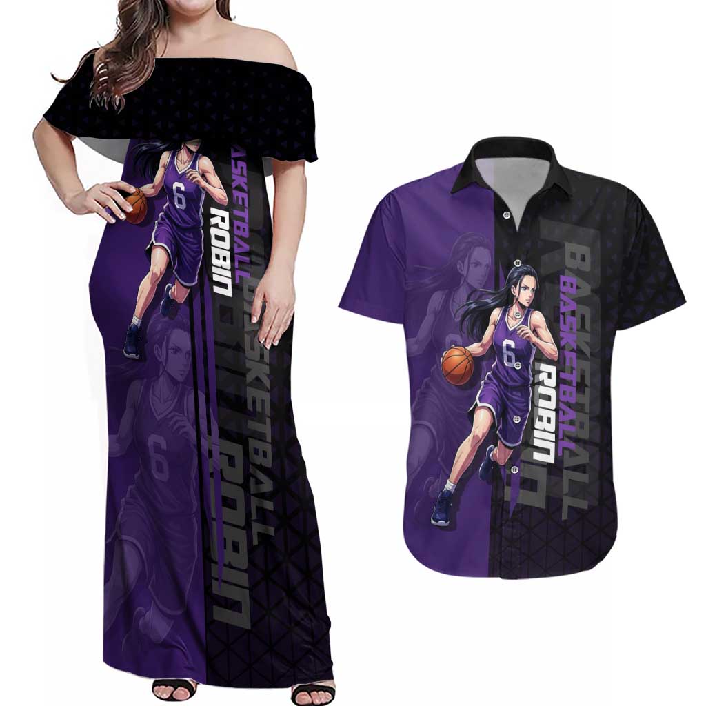 Nico Robin One Piece Basketball Theme Purple and Black Design Couples Matching Off Shoulder Maxi Dress and Hawaiian Shirt with Action Pose and Crew Emblem - The Mazicc