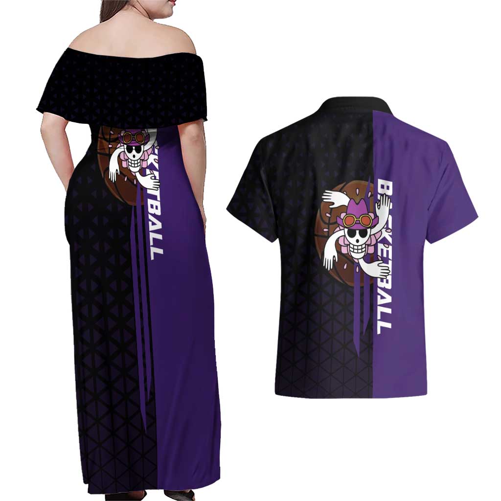 Nico Robin One Piece Basketball Theme Purple and Black Design Couples Matching Off Shoulder Maxi Dress and Hawaiian Shirt with Action Pose and Crew Emblem - The Mazicc