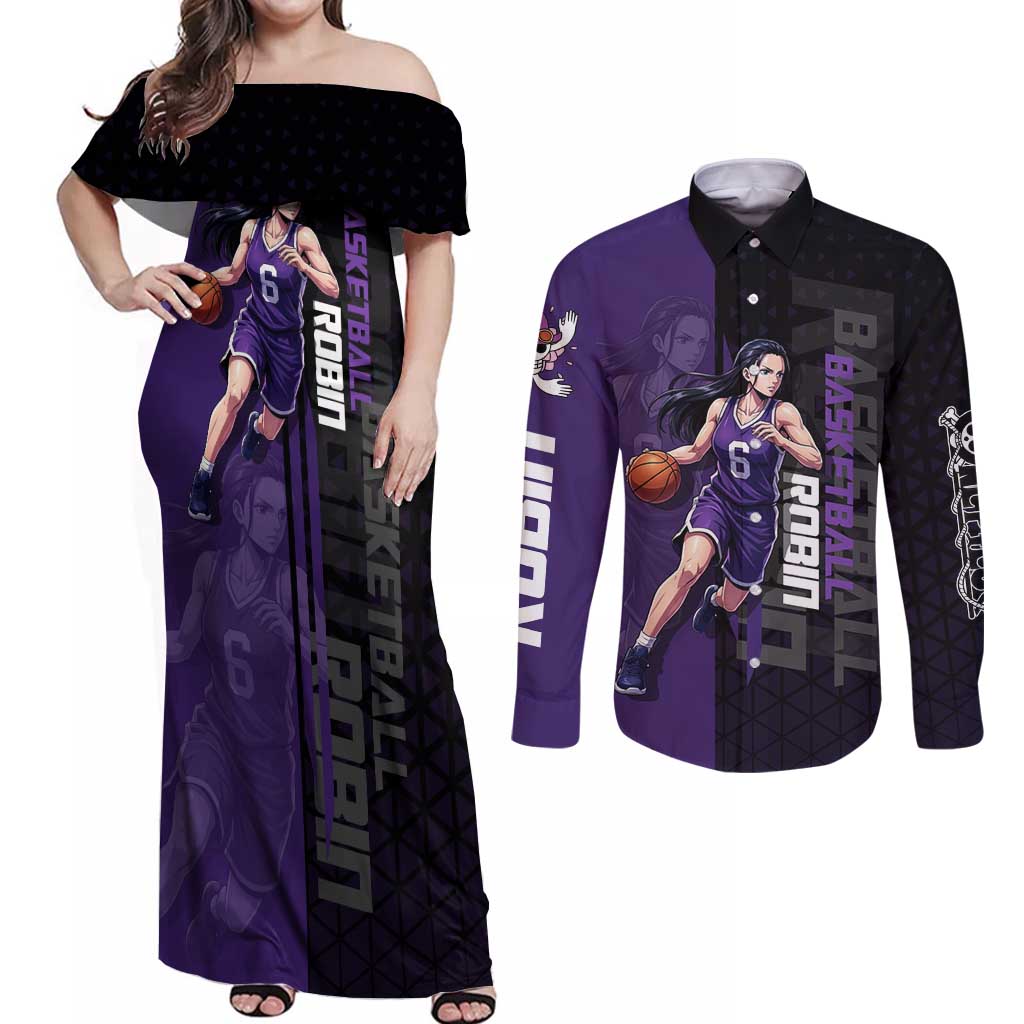 Nico Robin One Piece Basketball Theme Purple and Black Design Couples Matching Off Shoulder Maxi Dress and Long Sleeve Button Shirt with Action Pose and Crew Emblem - The Mazicc