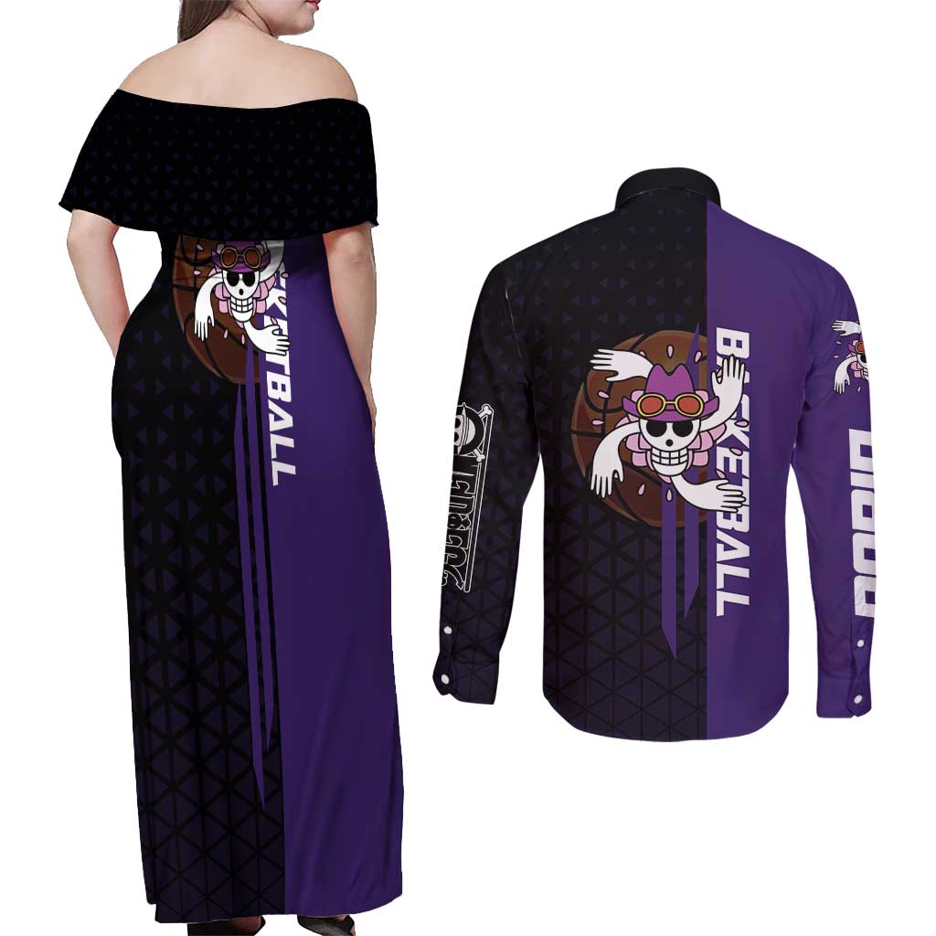 Nico Robin One Piece Basketball Theme Purple and Black Design Couples Matching Off Shoulder Maxi Dress and Long Sleeve Button Shirt with Action Pose and Crew Emblem - The Mazicc