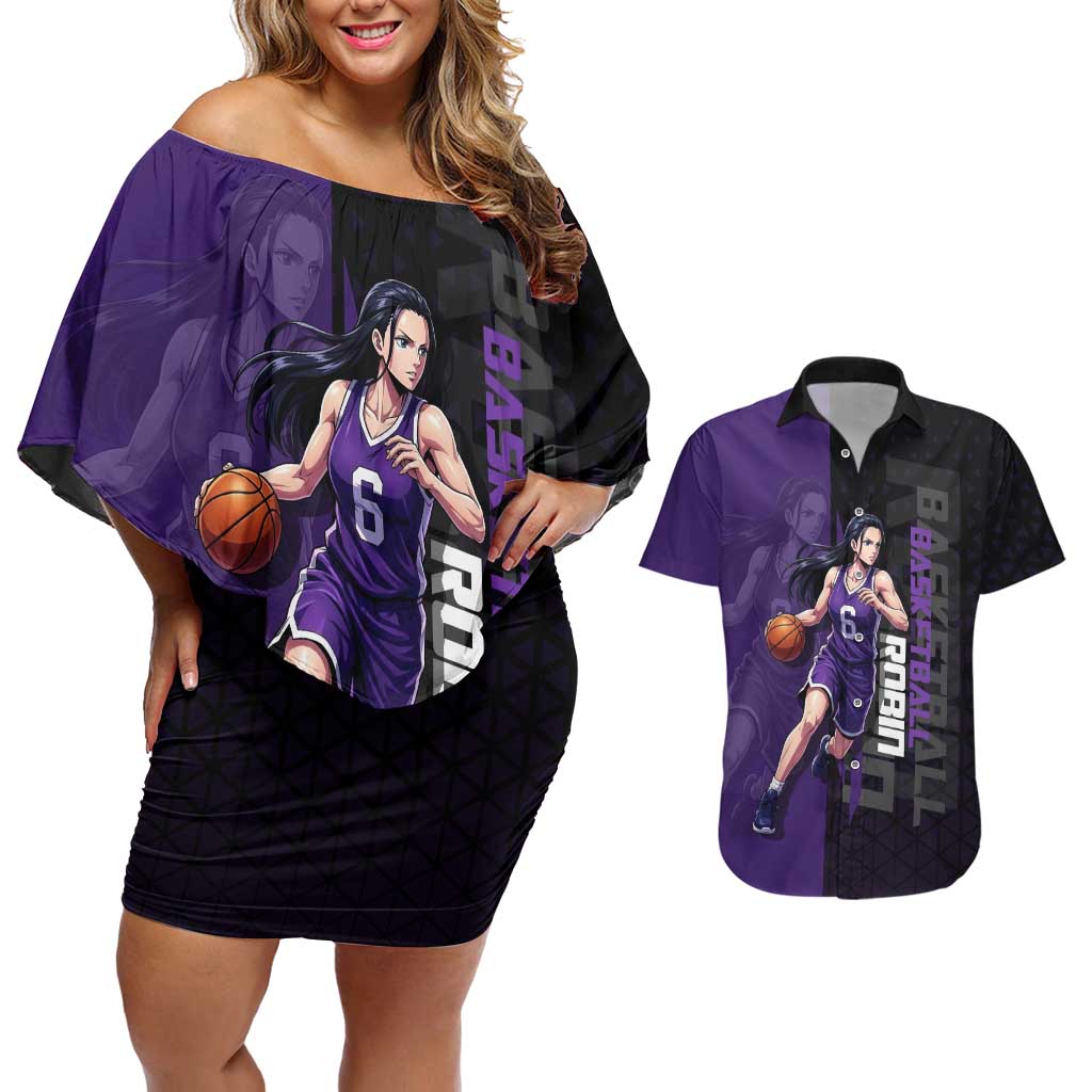 Nico Robin One Piece Basketball Theme Purple and Black Design Couples Matching Off Shoulder Short Dress and Hawaiian Shirt with Action Pose and Crew Emblem - The Mazicc