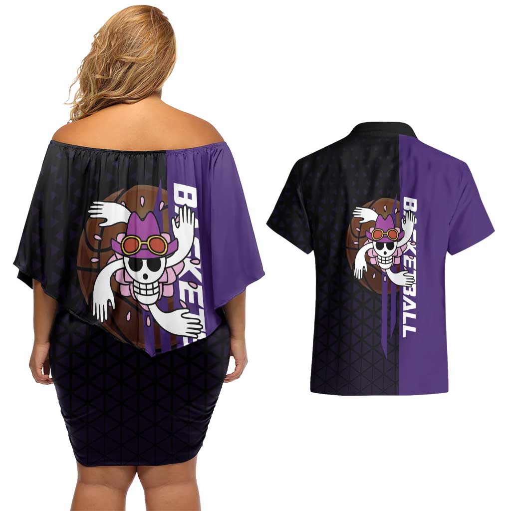 Nico Robin One Piece Basketball Theme Purple and Black Design Couples Matching Off Shoulder Short Dress and Hawaiian Shirt with Action Pose and Crew Emblem - The Mazicc