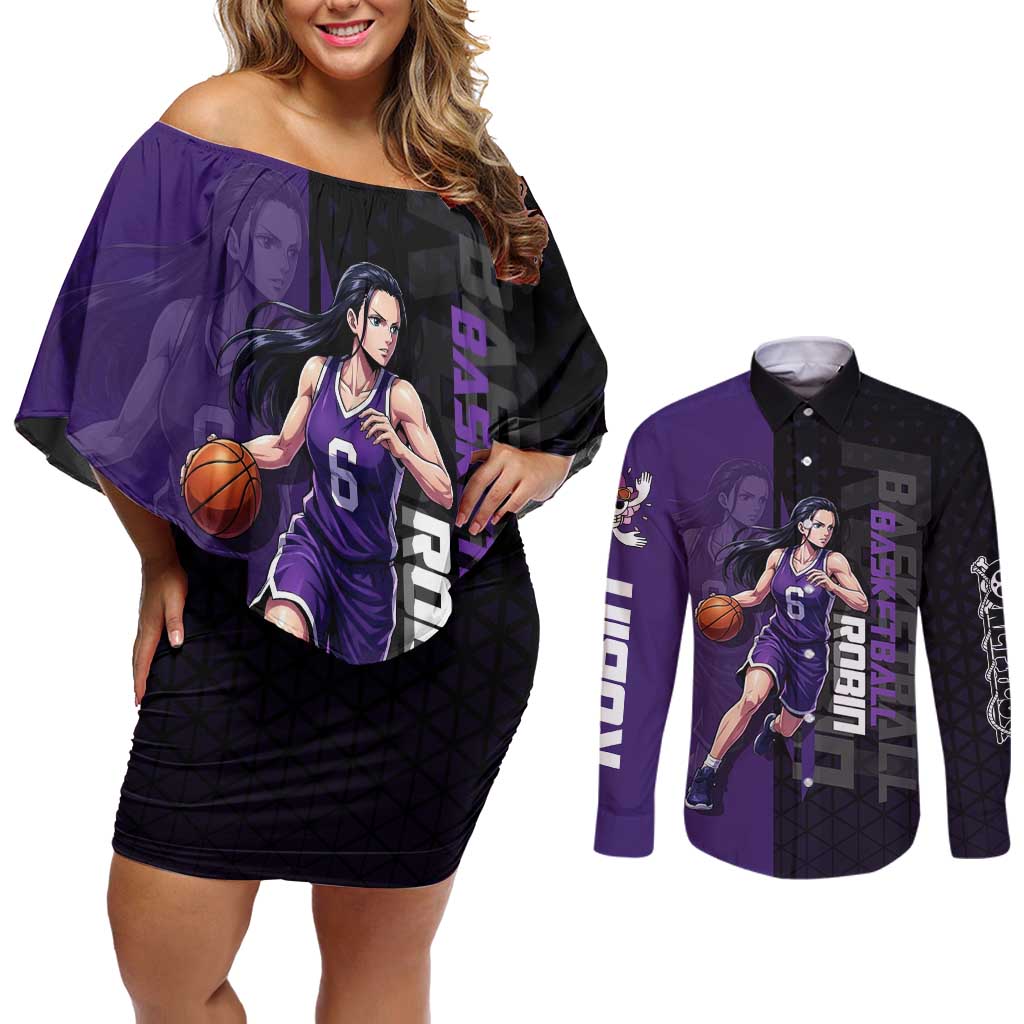 Nico Robin One Piece Basketball Theme Purple and Black Design Couples Matching Off Shoulder Short Dress and Long Sleeve Button Shirt with Action Pose and Crew Emblem - The Mazicc