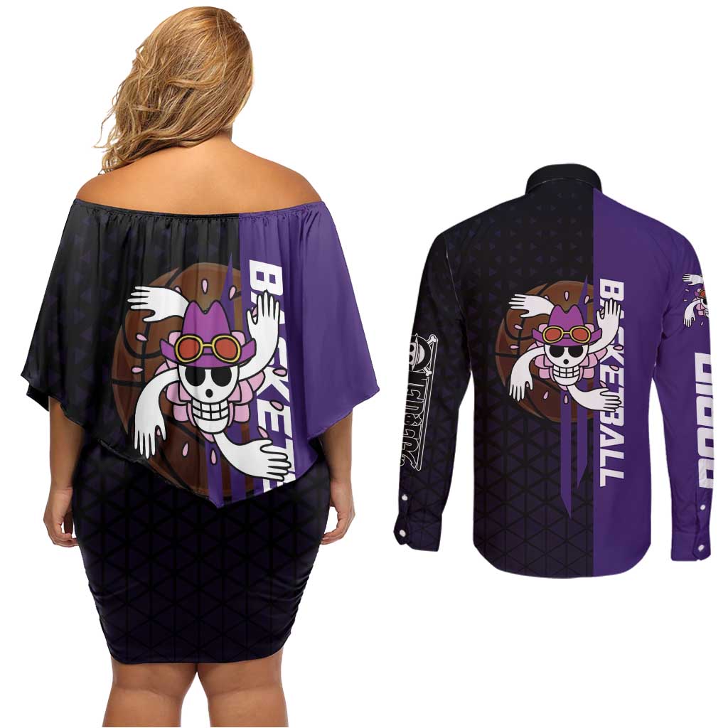 Nico Robin One Piece Basketball Theme Purple and Black Design Couples Matching Off Shoulder Short Dress and Long Sleeve Button Shirt with Action Pose and Crew Emblem - The Mazicc