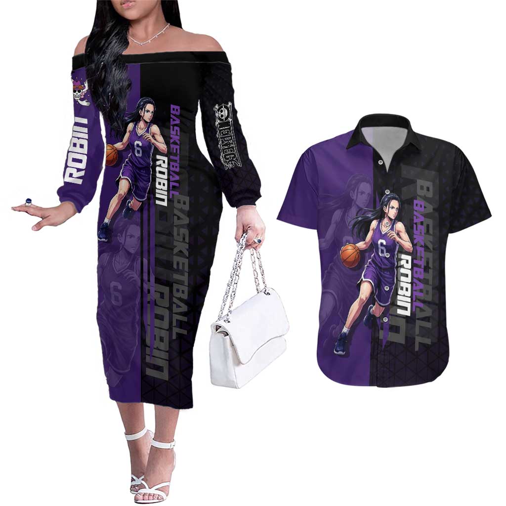 Nico Robin One Piece Basketball Theme Purple and Black Design Couples Matching Off The Shoulder Long Sleeve Dress and Hawaiian Shirt with Action Pose and Crew Emblem - The Mazicc