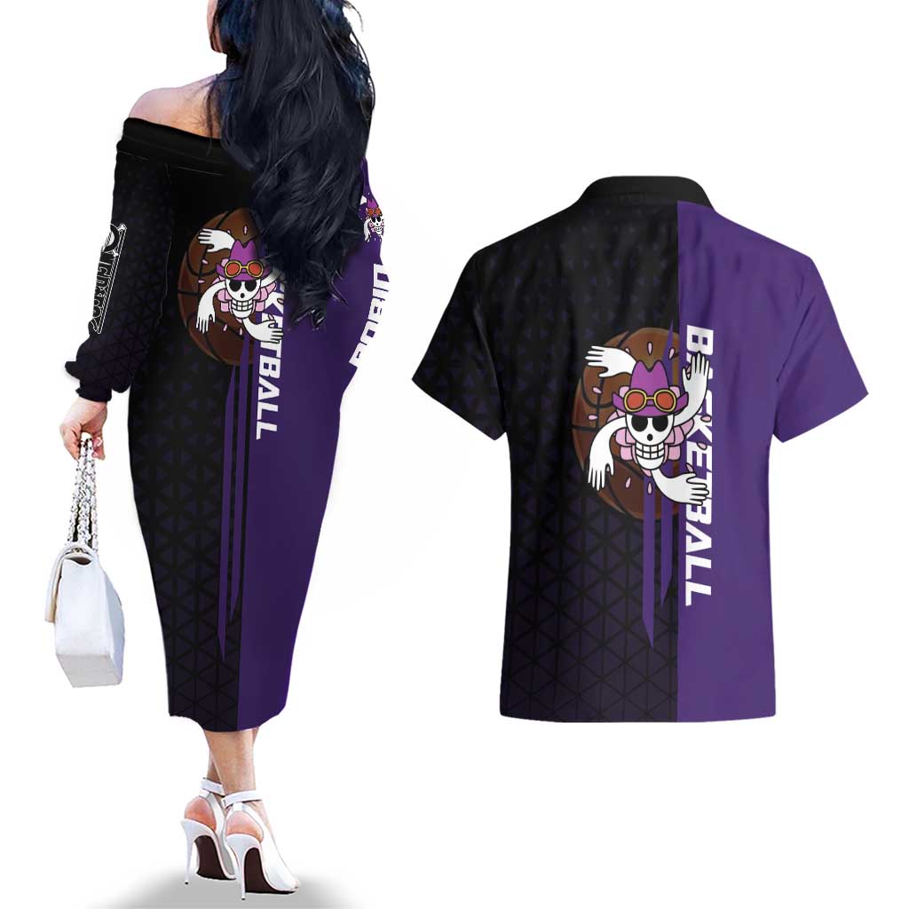 Nico Robin One Piece Basketball Theme Purple and Black Design Couples Matching Off The Shoulder Long Sleeve Dress and Hawaiian Shirt with Action Pose and Crew Emblem - The Mazicc