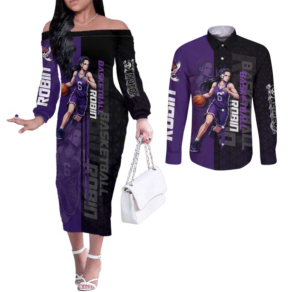 Nico Robin One Piece Basketball Theme Purple and Black Design Couples Matching Off The Shoulder Long Sleeve Dress and Long Sleeve Button Shirt with Action Pose and Crew Emblem - The Mazicc