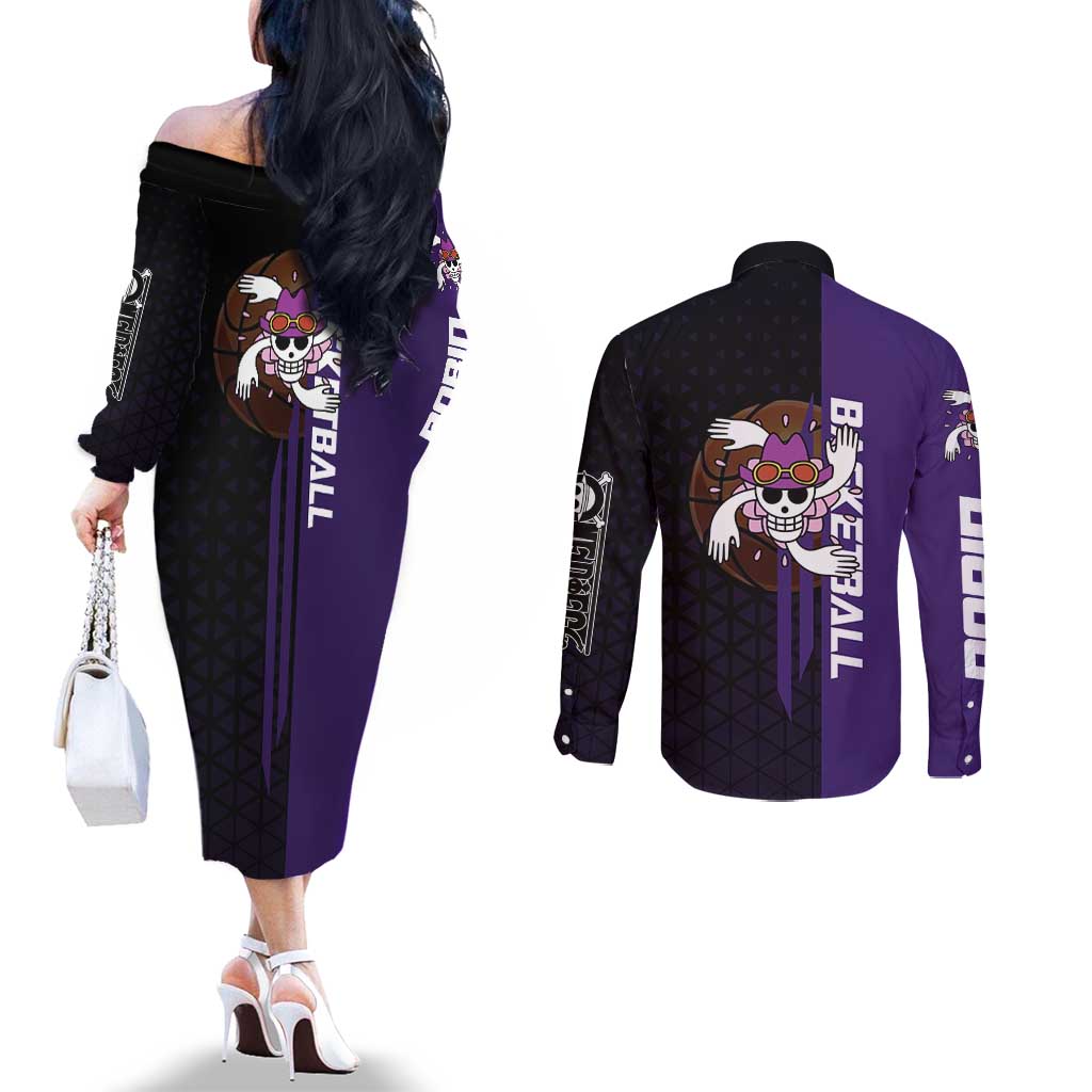 Nico Robin One Piece Basketball Theme Purple and Black Design Couples Matching Off The Shoulder Long Sleeve Dress and Long Sleeve Button Shirt with Action Pose and Crew Emblem - The Mazicc
