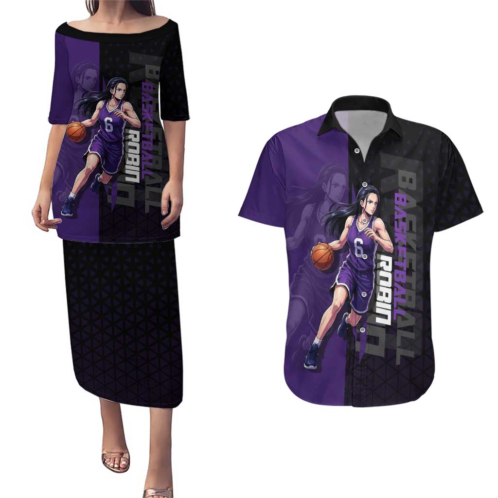 Nico Robin One Piece Basketball Theme Purple and Black Design Couples Matching Puletasi and Hawaiian Shirt with Action Pose and Crew Emblem - The Mazicc