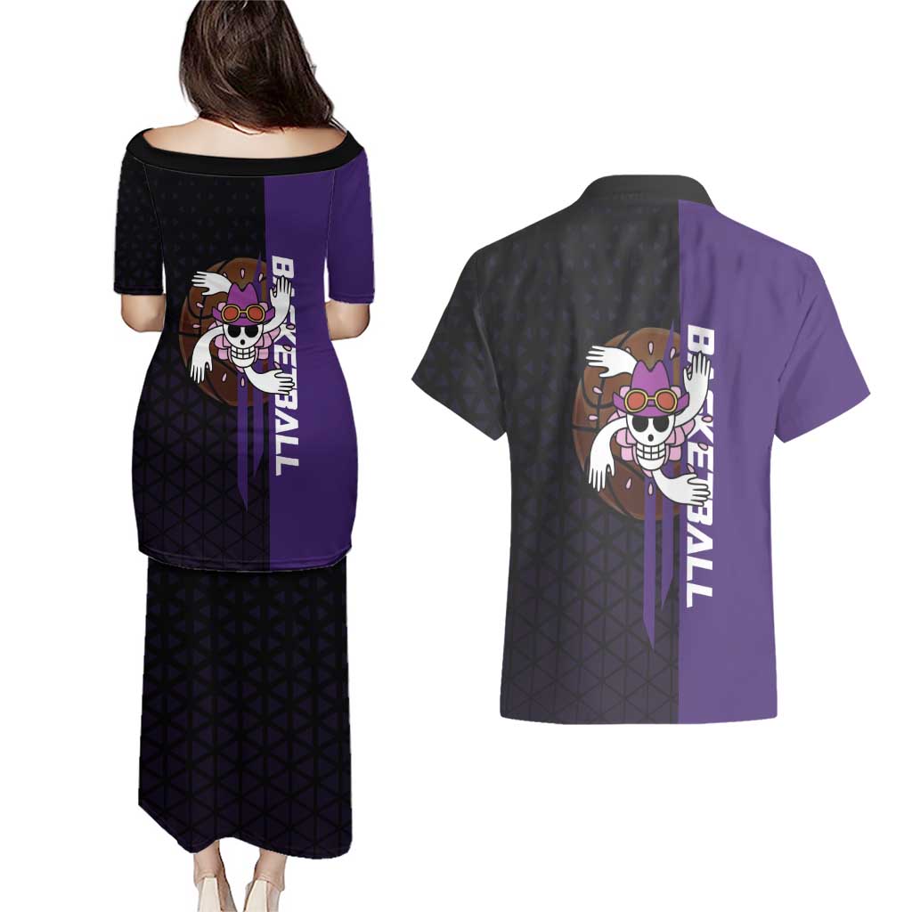 Nico Robin One Piece Basketball Theme Purple and Black Design Couples Matching Puletasi and Hawaiian Shirt with Action Pose and Crew Emblem - The Mazicc