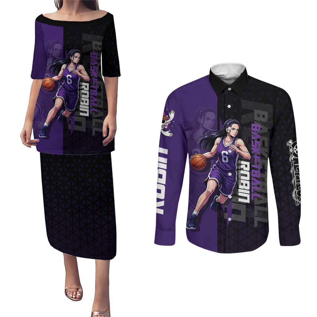 Nico Robin One Piece Basketball Theme Purple and Black Design Couples Matching Puletasi and Long Sleeve Button Shirt with Action Pose and Crew Emblem - The Mazicc