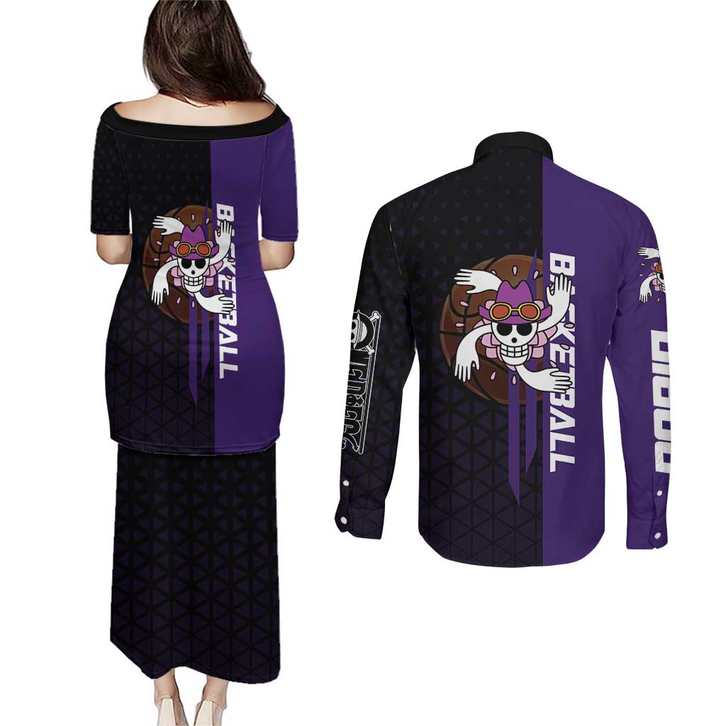Nico Robin One Piece Basketball Theme Purple and Black Design Couples Matching Puletasi and Long Sleeve Button Shirt with Action Pose and Crew Emblem - The Mazicc