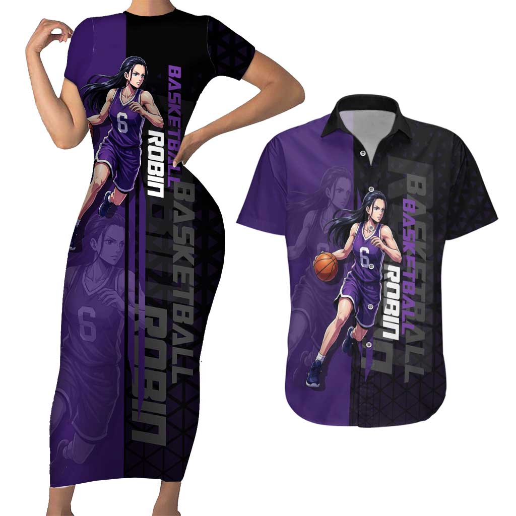 Nico Robin One Piece Basketball Theme Purple and Black Design Couples Matching Short Sleeve Bodycon Dress and Hawaiian Shirt with Action Pose and Crew Emblem - The Mazicc