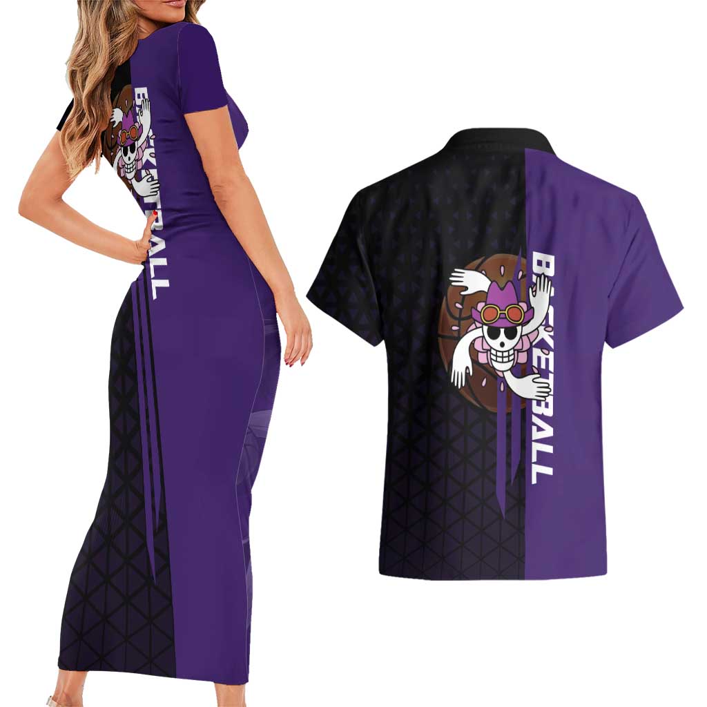 Nico Robin One Piece Basketball Theme Purple and Black Design Couples Matching Short Sleeve Bodycon Dress and Hawaiian Shirt with Action Pose and Crew Emblem - The Mazicc