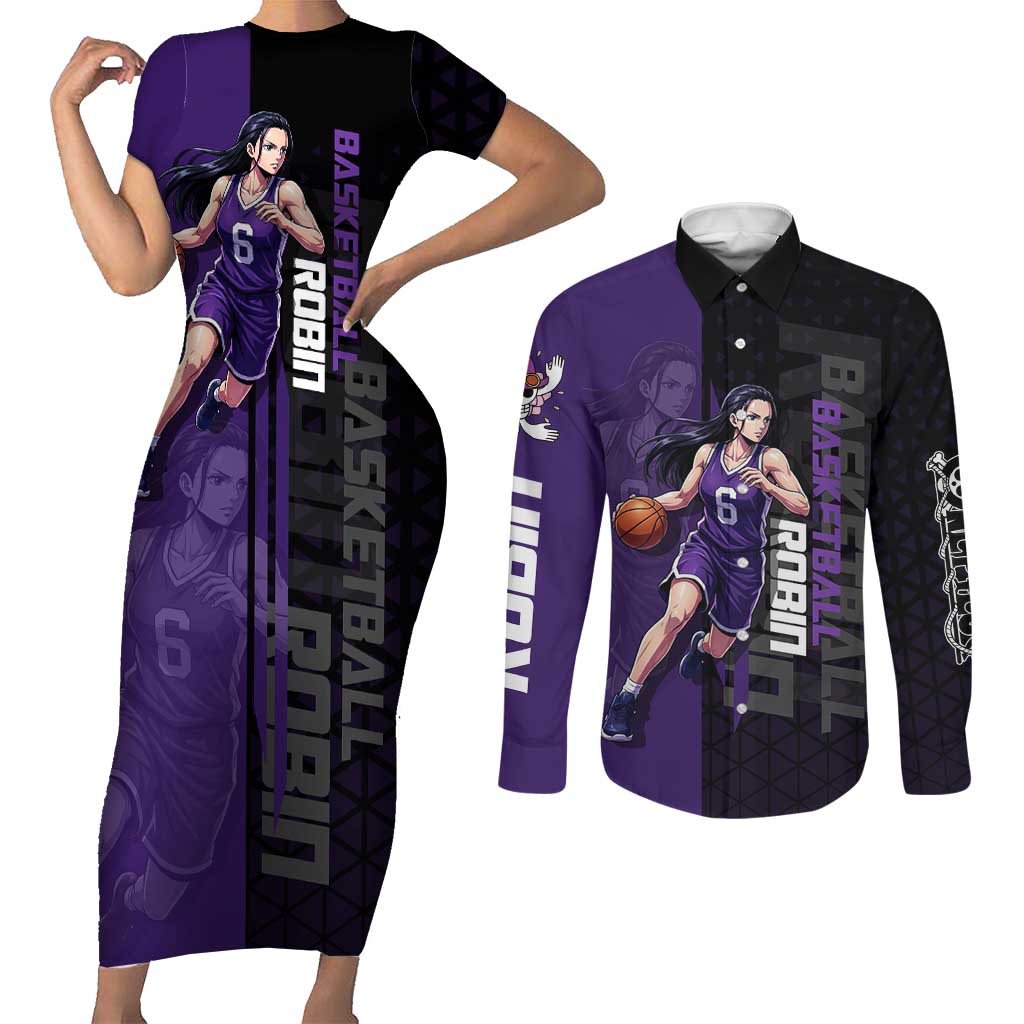 Nico Robin One Piece Basketball Theme Purple and Black Design Couples Matching Short Sleeve Bodycon Dress and Long Sleeve Button Shirt with Action Pose and Crew Emblem - The Mazicc