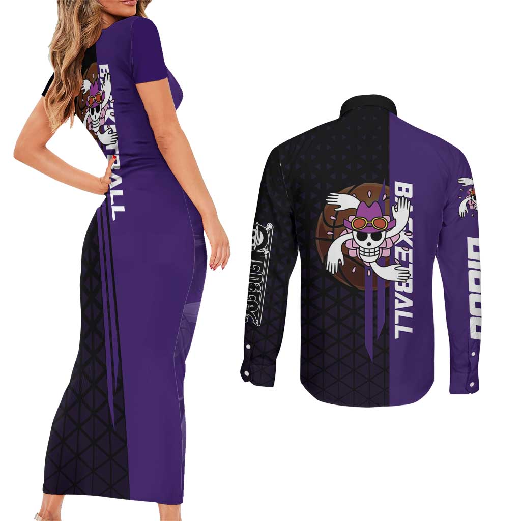 Nico Robin One Piece Basketball Theme Purple and Black Design Couples Matching Short Sleeve Bodycon Dress and Long Sleeve Button Shirt with Action Pose and Crew Emblem - The Mazicc