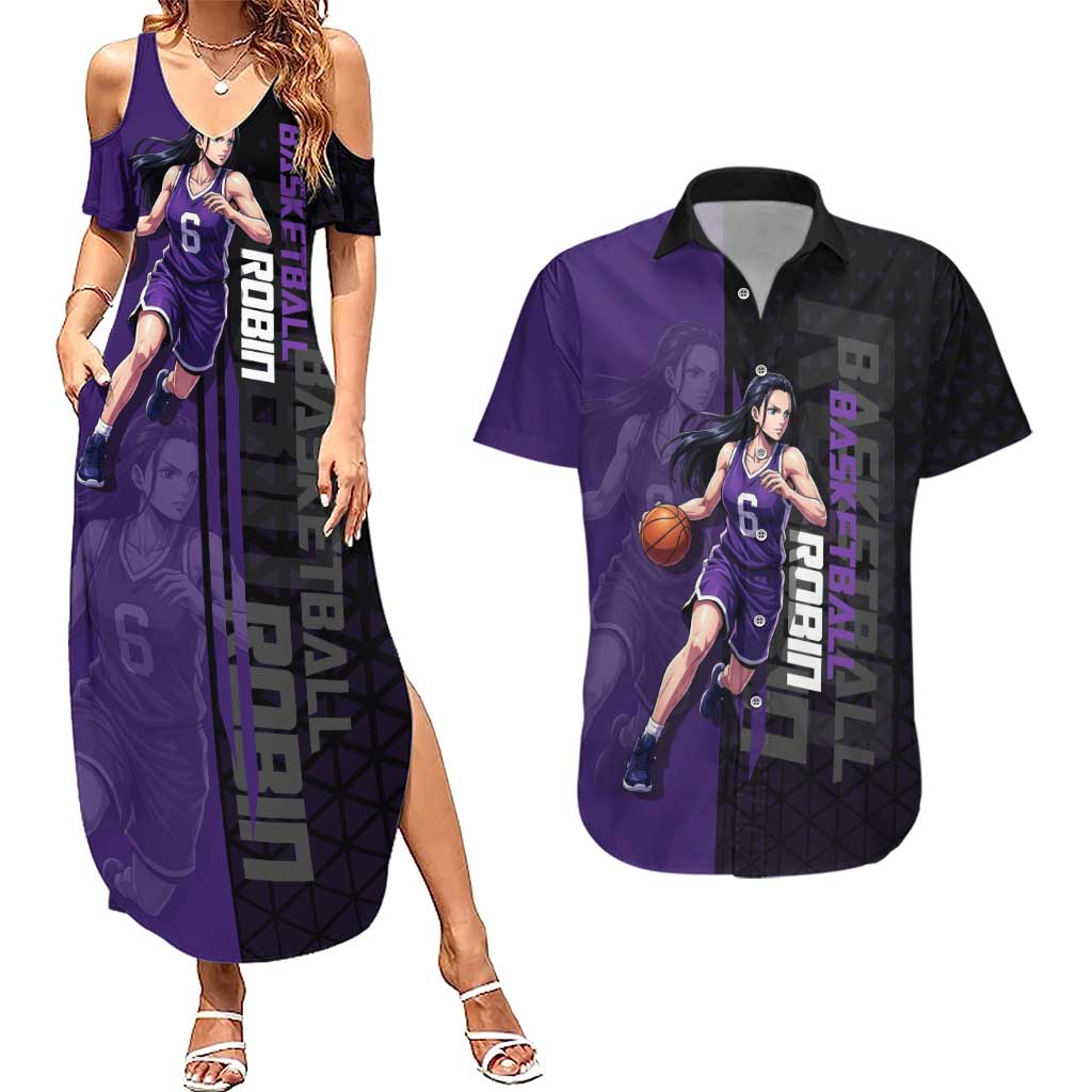 Nico Robin One Piece Basketball Theme Purple and Black Design Couples Matching Summer Maxi Dress and Hawaiian Shirt with Action Pose and Crew Emblem - The Mazicc