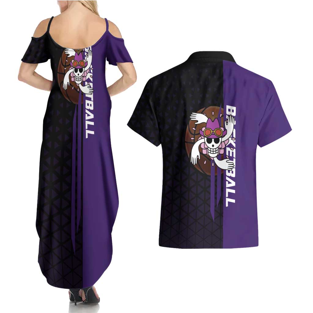 Nico Robin One Piece Basketball Theme Purple and Black Design Couples Matching Summer Maxi Dress and Hawaiian Shirt with Action Pose and Crew Emblem - The Mazicc