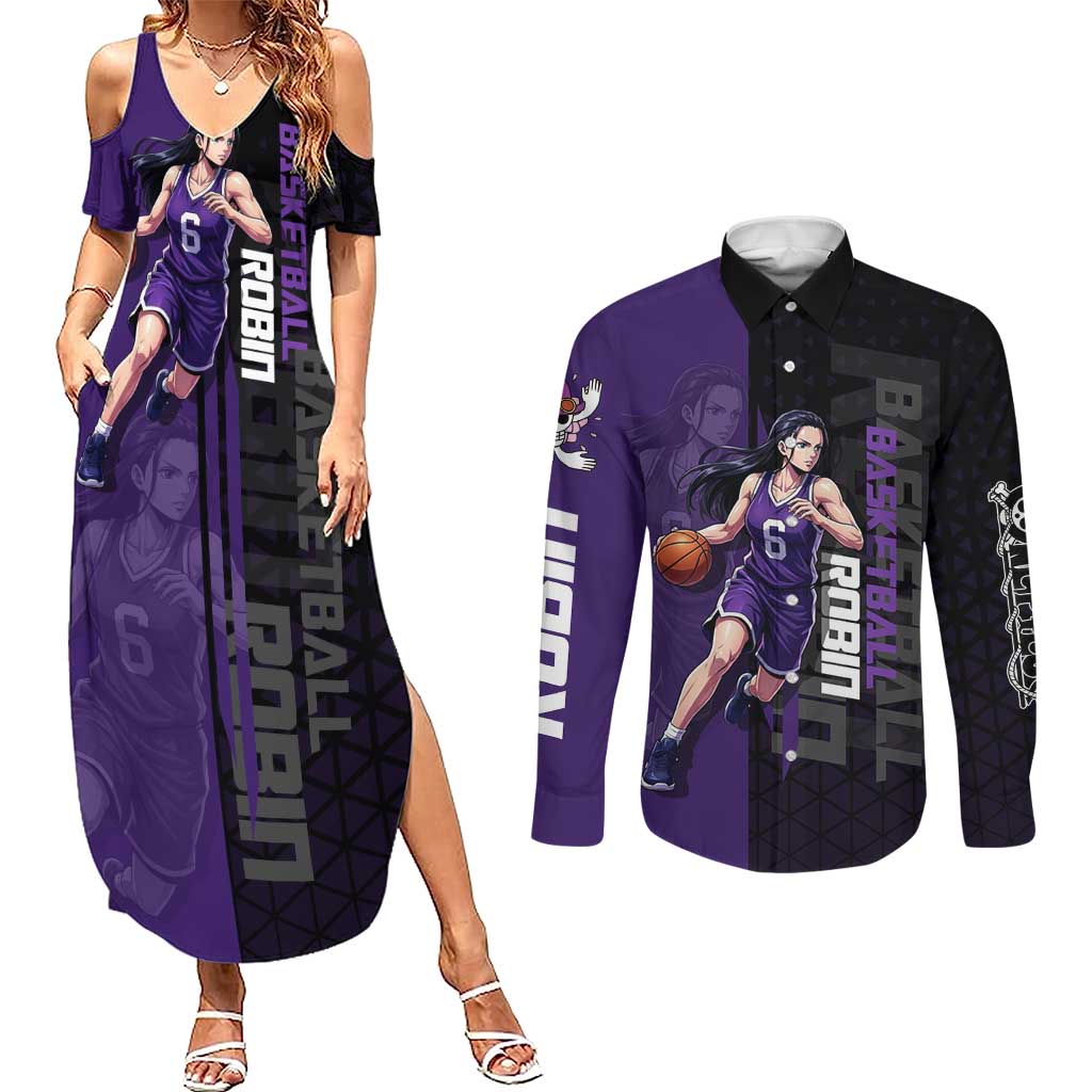 Nico Robin One Piece Basketball Theme Purple and Black Design Couples Matching Summer Maxi Dress and Long Sleeve Button Shirt with Action Pose and Crew Emblem - The Mazicc