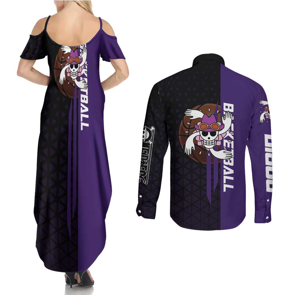 Nico Robin One Piece Basketball Theme Purple and Black Design Couples Matching Summer Maxi Dress and Long Sleeve Button Shirt with Action Pose and Crew Emblem - The Mazicc