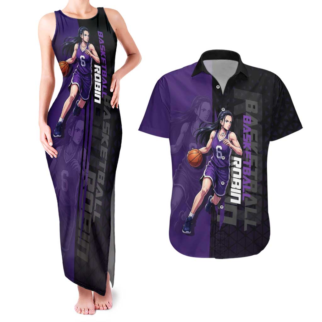 Nico Robin One Piece Basketball Theme Purple and Black Design Couples Matching Tank Maxi Dress and Hawaiian Shirt with Action Pose and Crew Emblem - The Mazicc