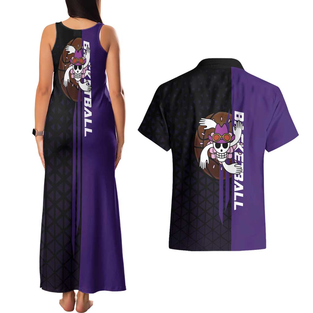 Nico Robin One Piece Basketball Theme Purple and Black Design Couples Matching Tank Maxi Dress and Hawaiian Shirt with Action Pose and Crew Emblem - The Mazicc