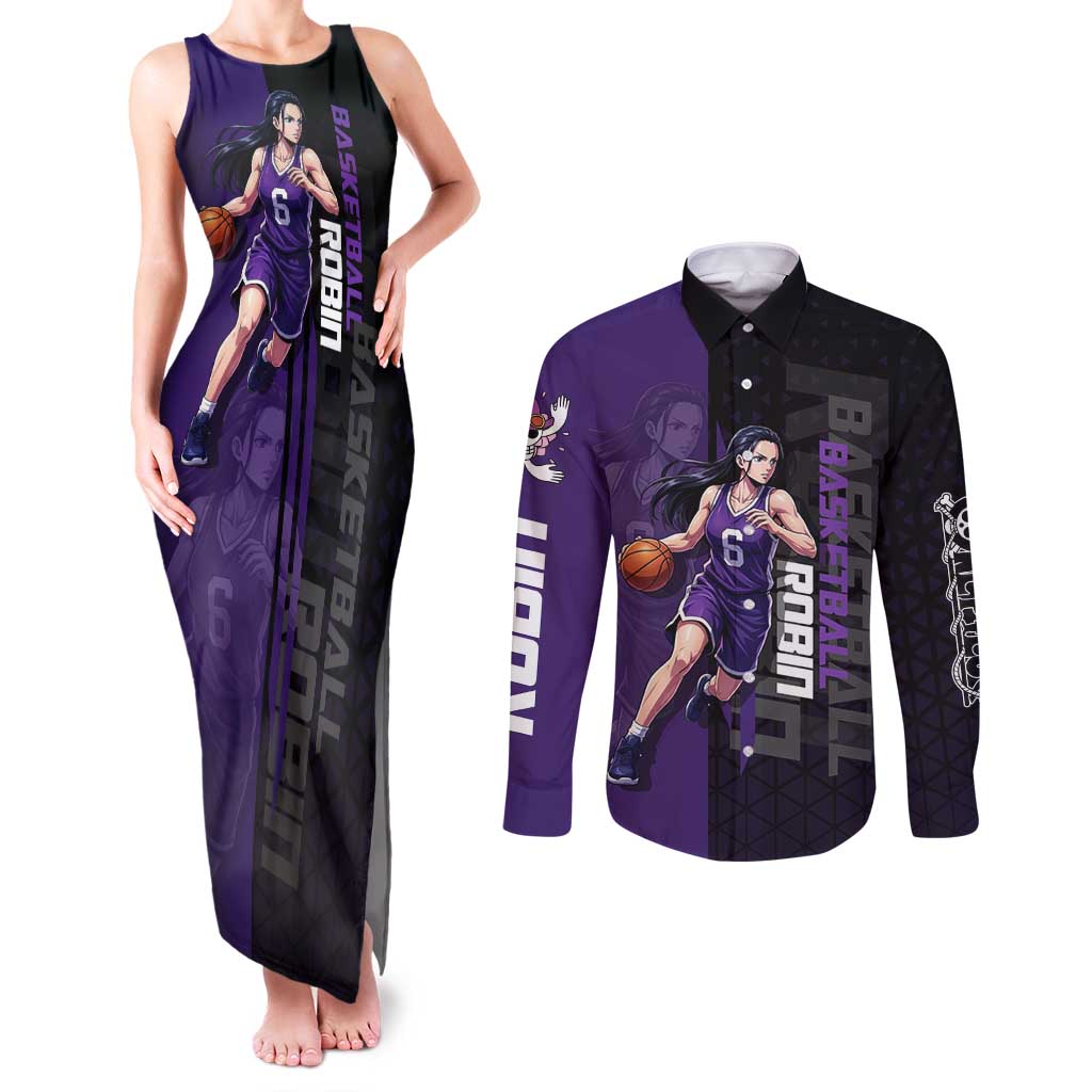 Nico Robin One Piece Basketball Theme Purple and Black Design Couples Matching Tank Maxi Dress and Long Sleeve Button Shirt with Action Pose and Crew Emblem - The Mazicc