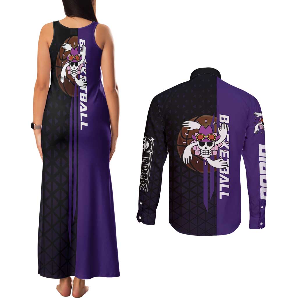 Nico Robin One Piece Basketball Theme Purple and Black Design Couples Matching Tank Maxi Dress and Long Sleeve Button Shirt with Action Pose and Crew Emblem - The Mazicc