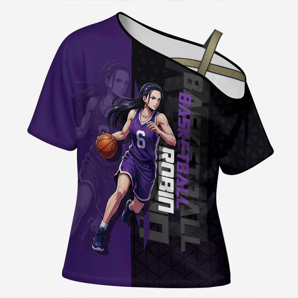 Nico Robin One Piece Basketball Theme Purple and Black Design Cross Shoulder Shirt with Action Pose and Crew Emblem - The Mazicc
