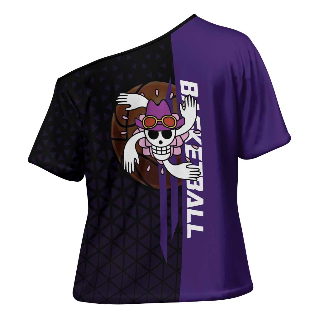 Nico Robin One Piece Basketball Theme Purple and Black Design Cross Shoulder Shirt with Action Pose and Crew Emblem - The Mazicc