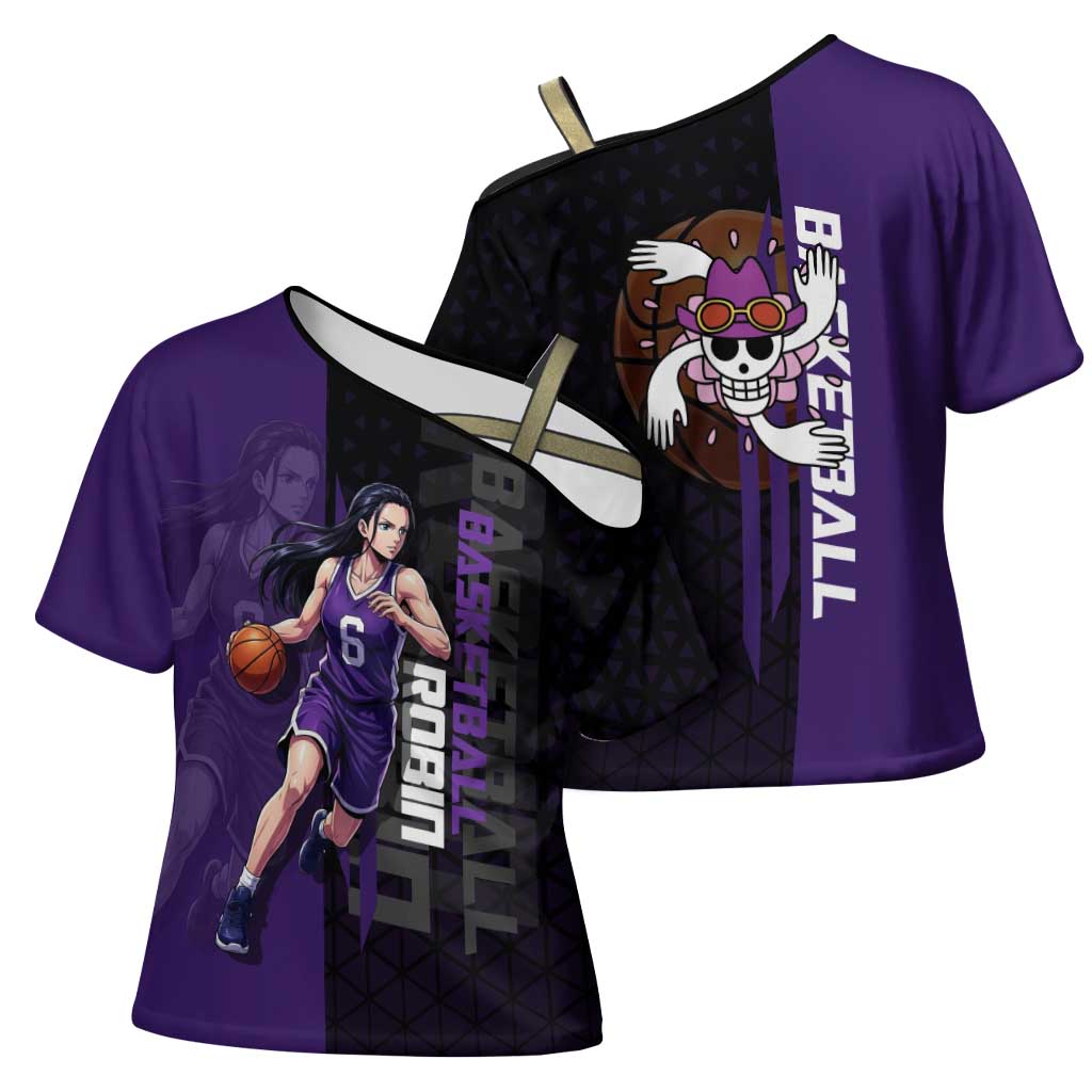 Nico Robin One Piece Basketball Theme Purple and Black Design Cross Shoulder Shirt with Action Pose and Crew Emblem - The Mazicc