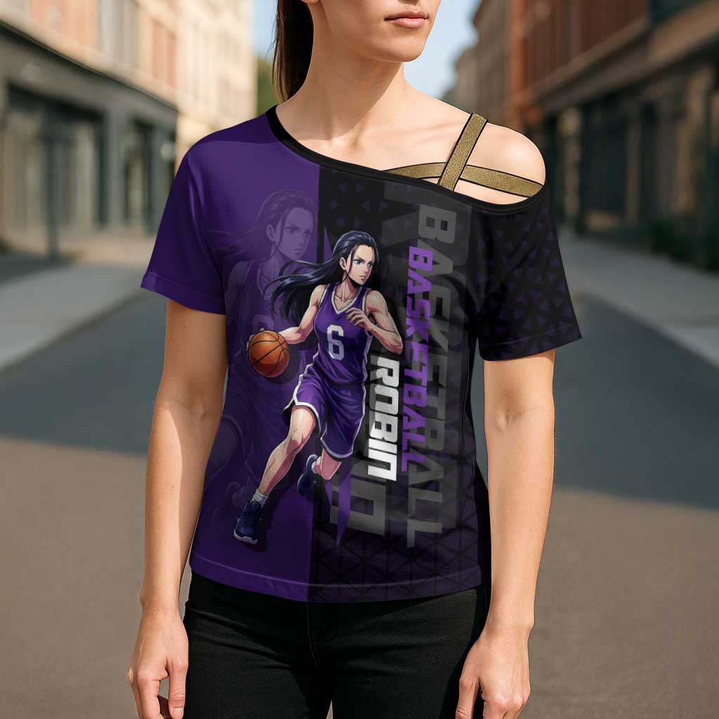 Nico Robin One Piece Basketball Theme Purple and Black Design Cross Shoulder Shirt with Action Pose and Crew Emblem - The Mazicc