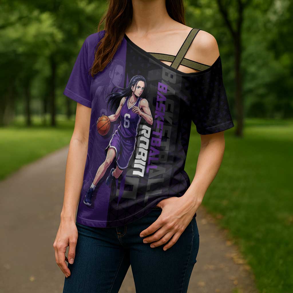 Nico Robin One Piece Basketball Theme Purple and Black Design Cross Shoulder Shirt with Action Pose and Crew Emblem - The Mazicc