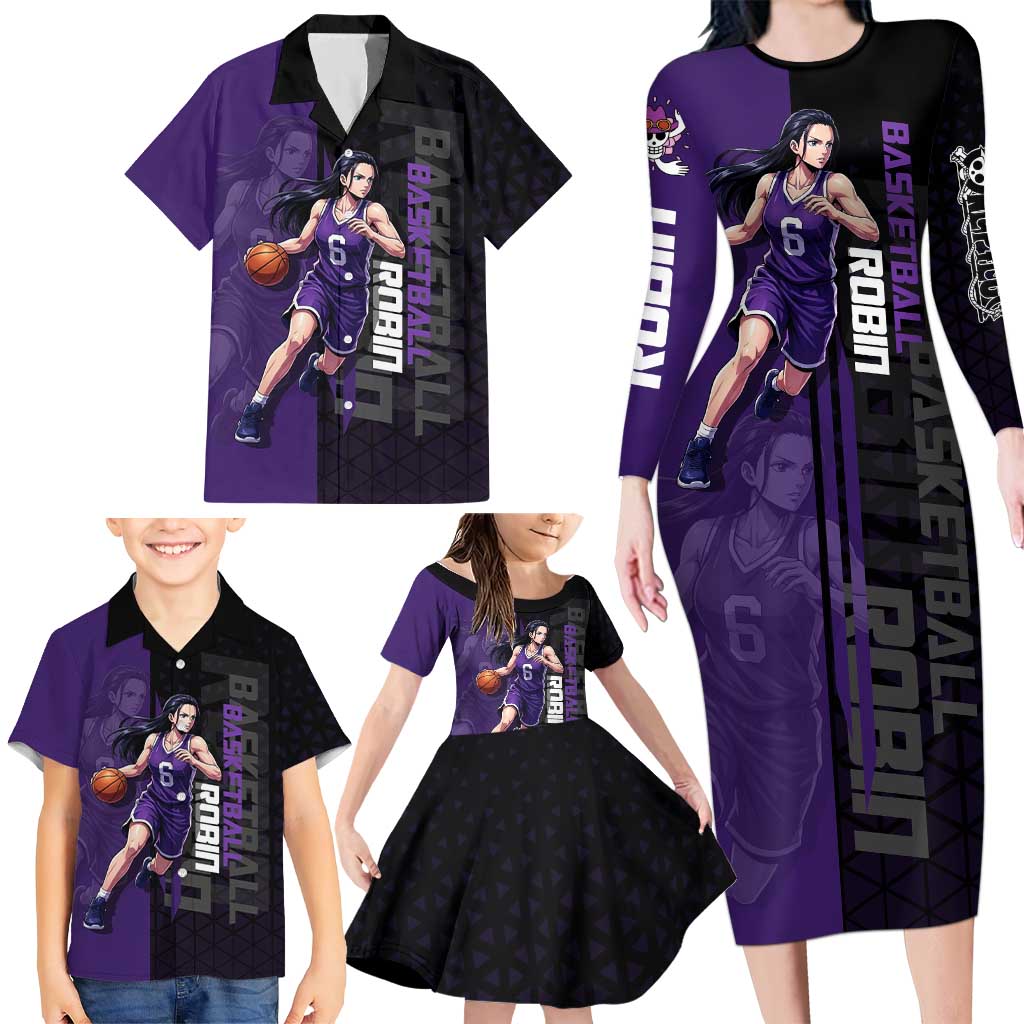 Nico Robin One Piece Basketball Theme Purple and Black Design Family Matching Long Sleeve Bodycon Dress and Hawaiian Shirt with Action Pose and Crew Emblem