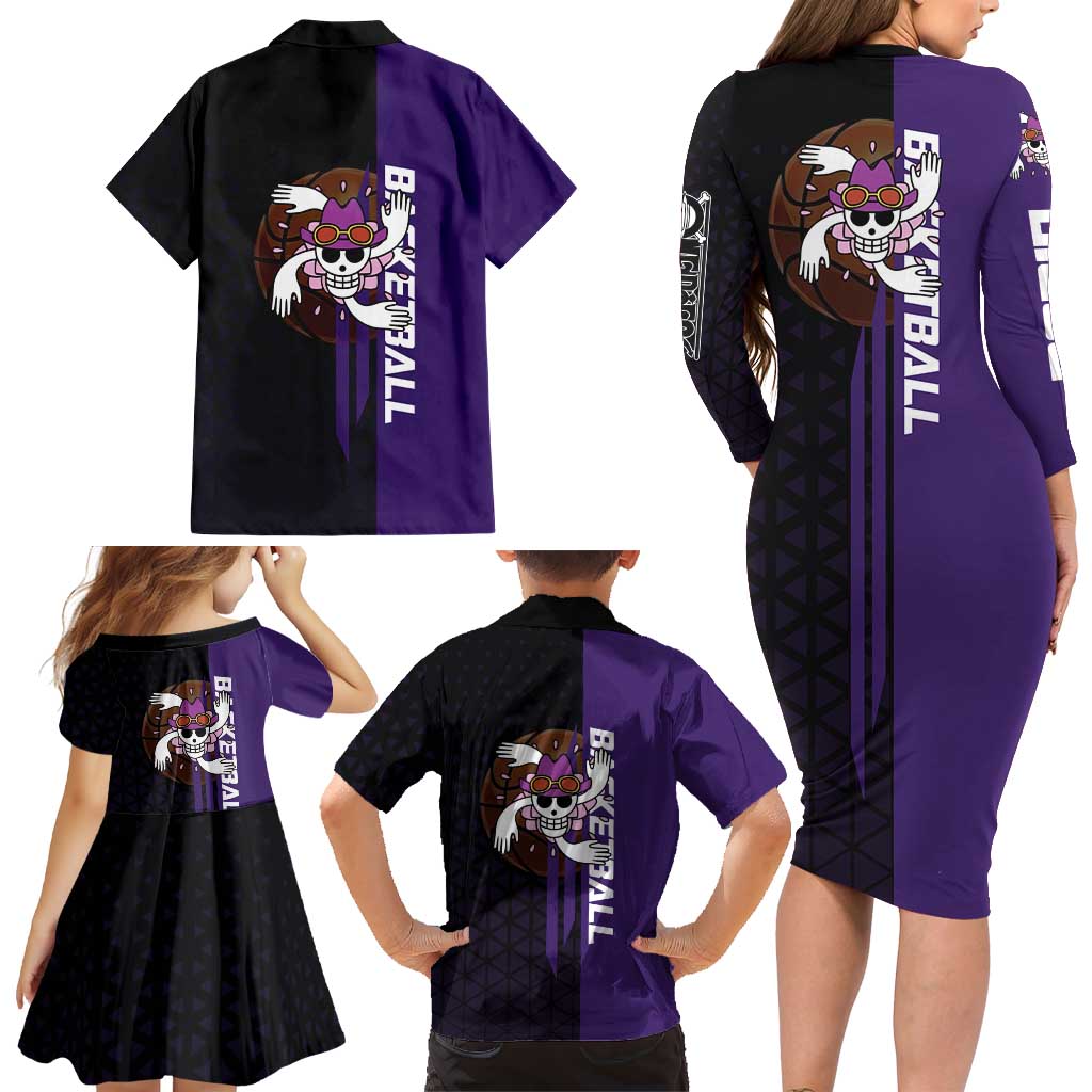 Nico Robin One Piece Basketball Theme Purple and Black Design Family Matching Long Sleeve Bodycon Dress and Hawaiian Shirt with Action Pose and Crew Emblem