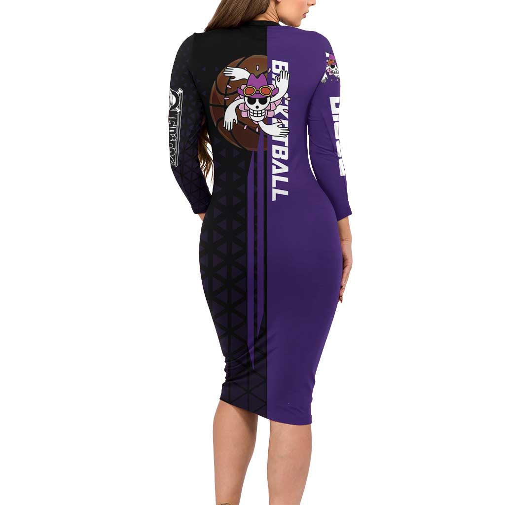 Nico Robin One Piece Basketball Theme Purple and Black Design Family Matching Long Sleeve Bodycon Dress and Hawaiian Shirt with Action Pose and Crew Emblem