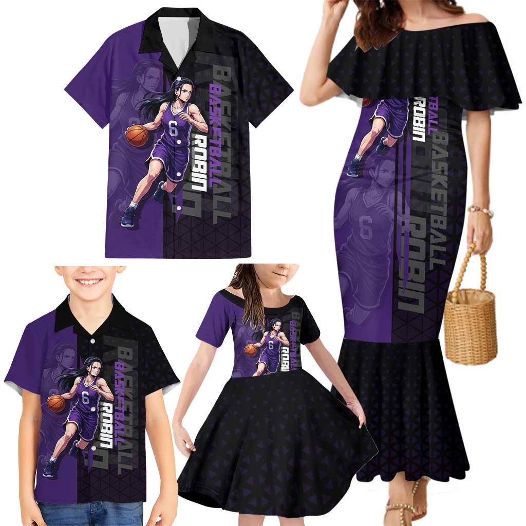 Nico Robin One Piece Basketball Theme Purple and Black Design Family Matching Mermaid Dress and Hawaiian Shirt with Action Pose and Crew Emblem