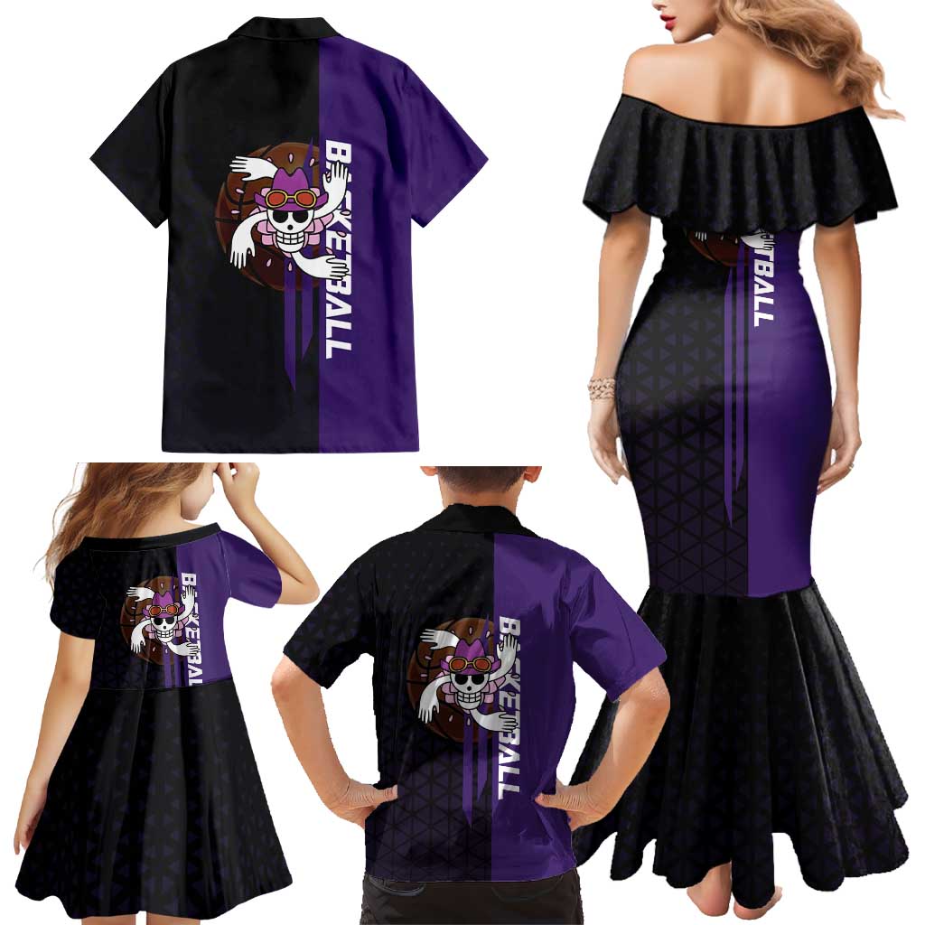 Nico Robin One Piece Basketball Theme Purple and Black Design Family Matching Mermaid Dress and Hawaiian Shirt with Action Pose and Crew Emblem