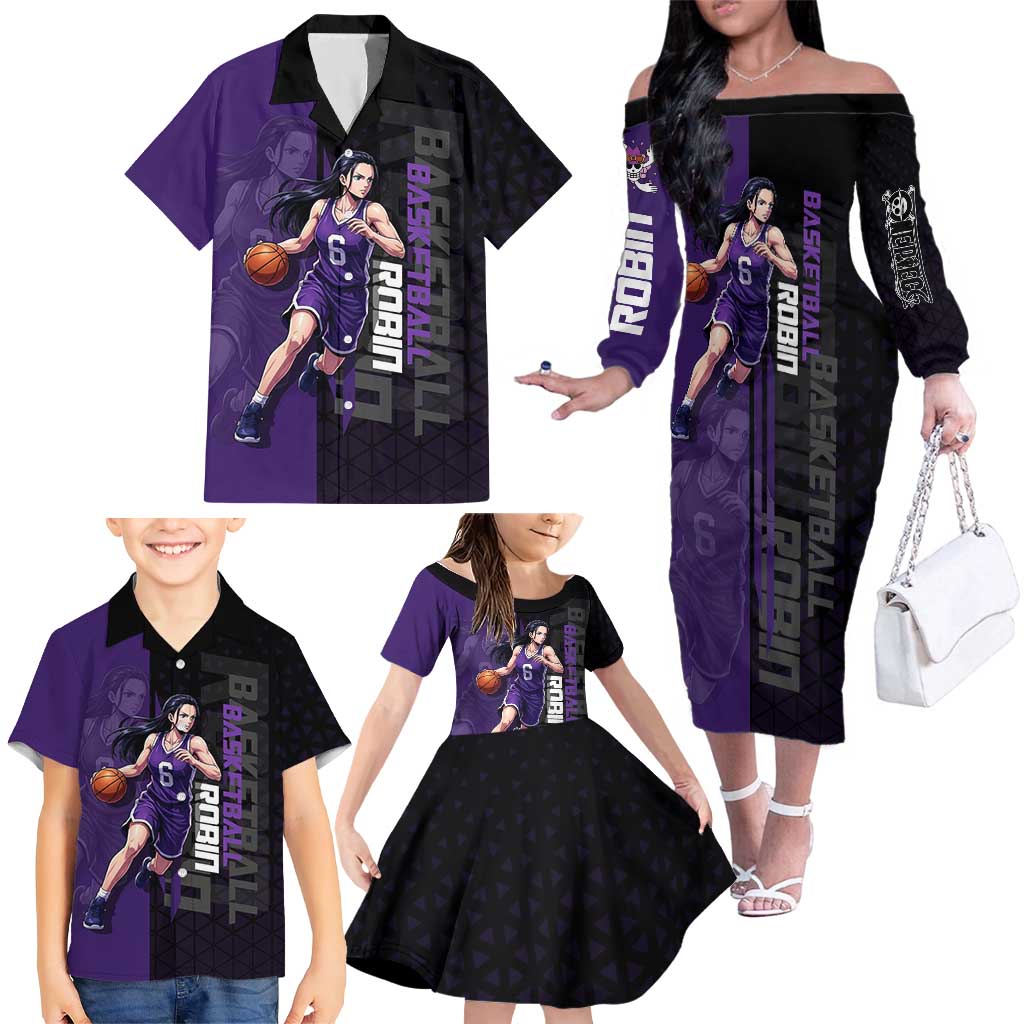 Nico Robin One Piece Basketball Theme Purple and Black Design Family Matching Off The Shoulder Long Sleeve Dress and Hawaiian Shirt with Action Pose and Crew Emblem