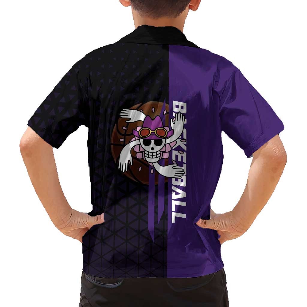 Nico Robin One Piece Basketball Theme Purple and Black Design Family Matching Off The Shoulder Long Sleeve Dress and Hawaiian Shirt with Action Pose and Crew Emblem