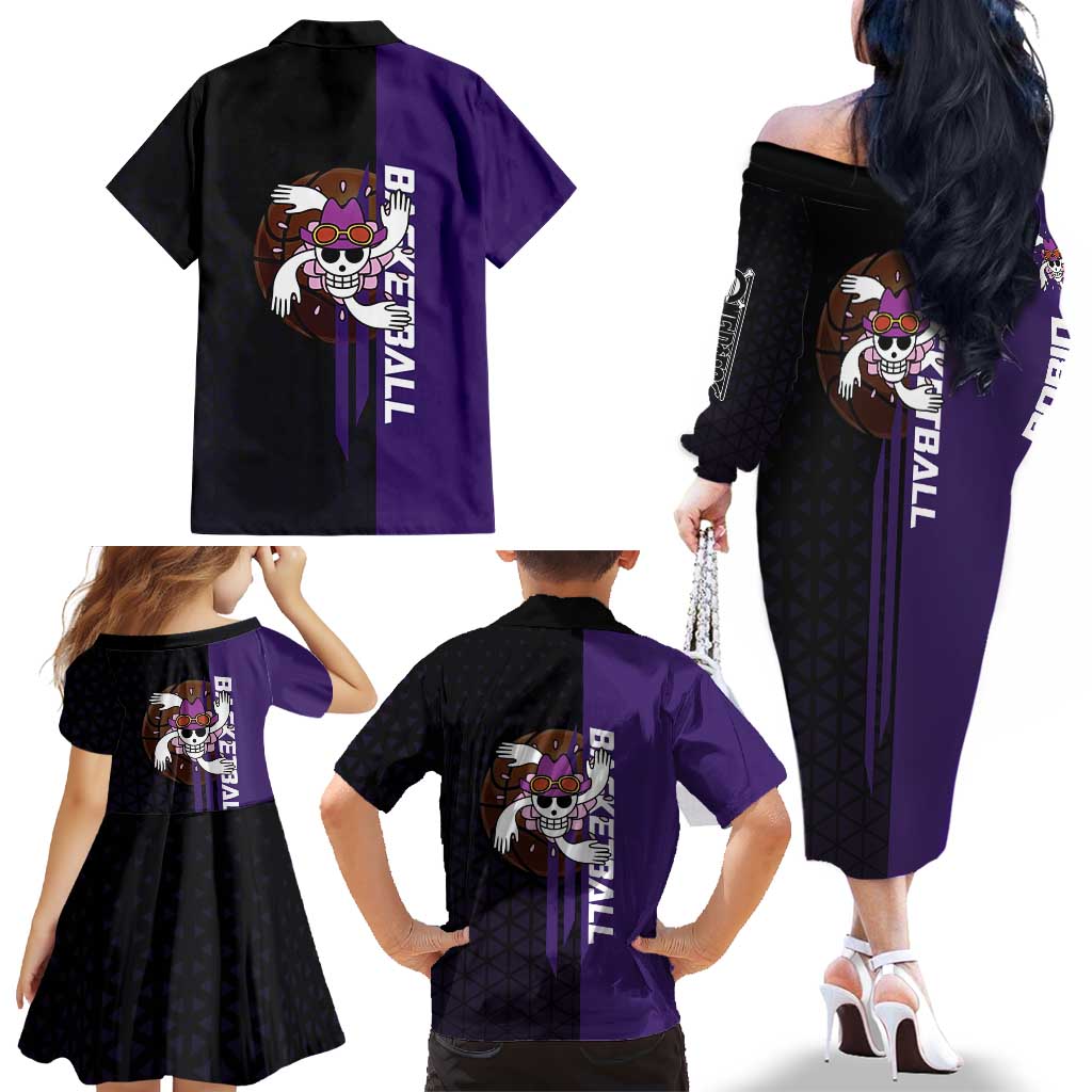 Nico Robin One Piece Basketball Theme Purple and Black Design Family Matching Off The Shoulder Long Sleeve Dress and Hawaiian Shirt with Action Pose and Crew Emblem