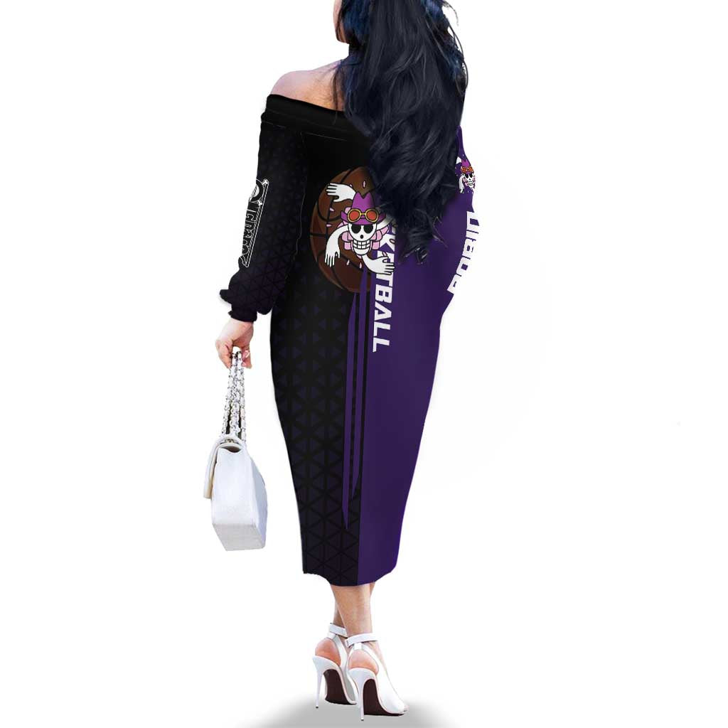 Nico Robin One Piece Basketball Theme Purple and Black Design Family Matching Off The Shoulder Long Sleeve Dress and Hawaiian Shirt with Action Pose and Crew Emblem