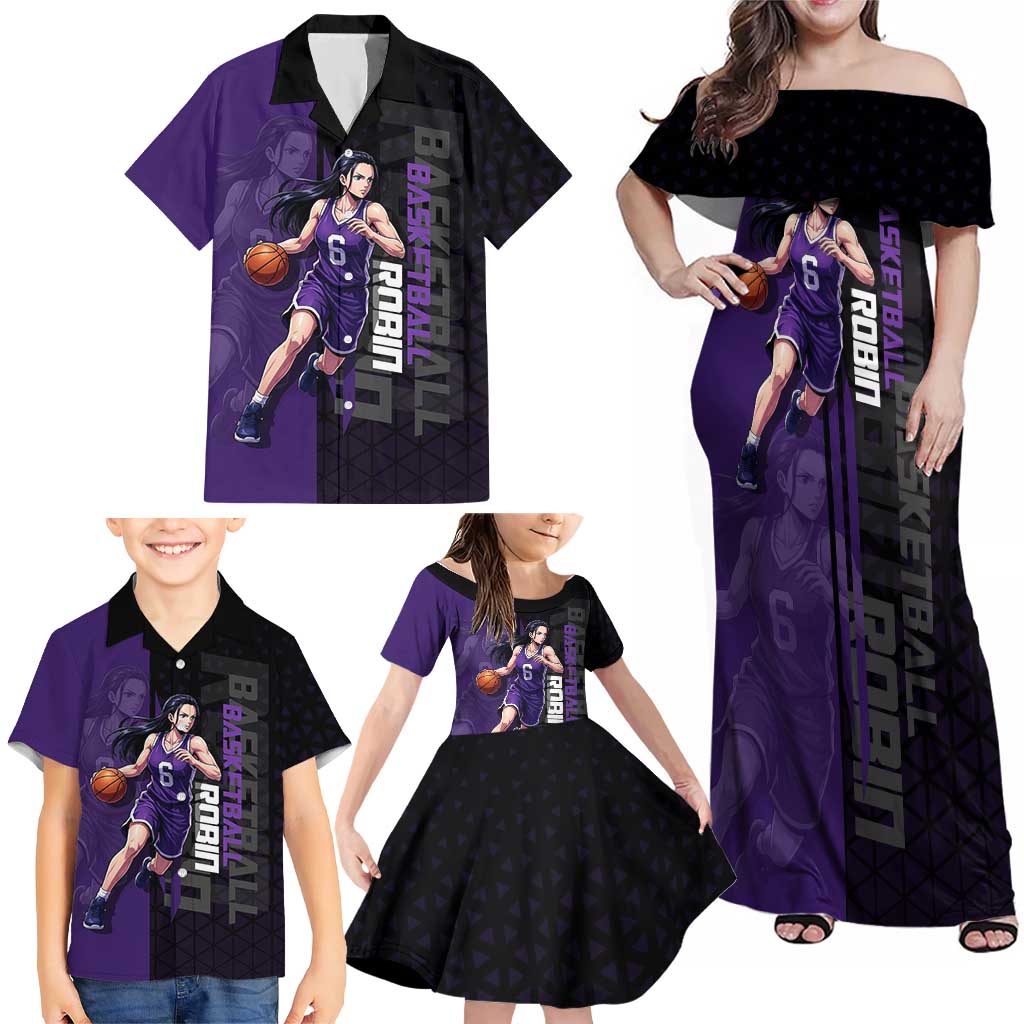 Nico Robin One Piece Basketball Theme Purple and Black Design Family Matching Off Shoulder Maxi Dress and Hawaiian Shirt with Action Pose and Crew Emblem