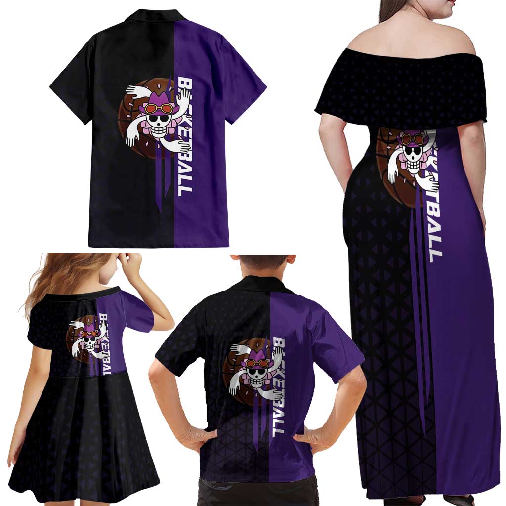 Nico Robin One Piece Basketball Theme Purple and Black Design Family Matching Off Shoulder Maxi Dress and Hawaiian Shirt with Action Pose and Crew Emblem