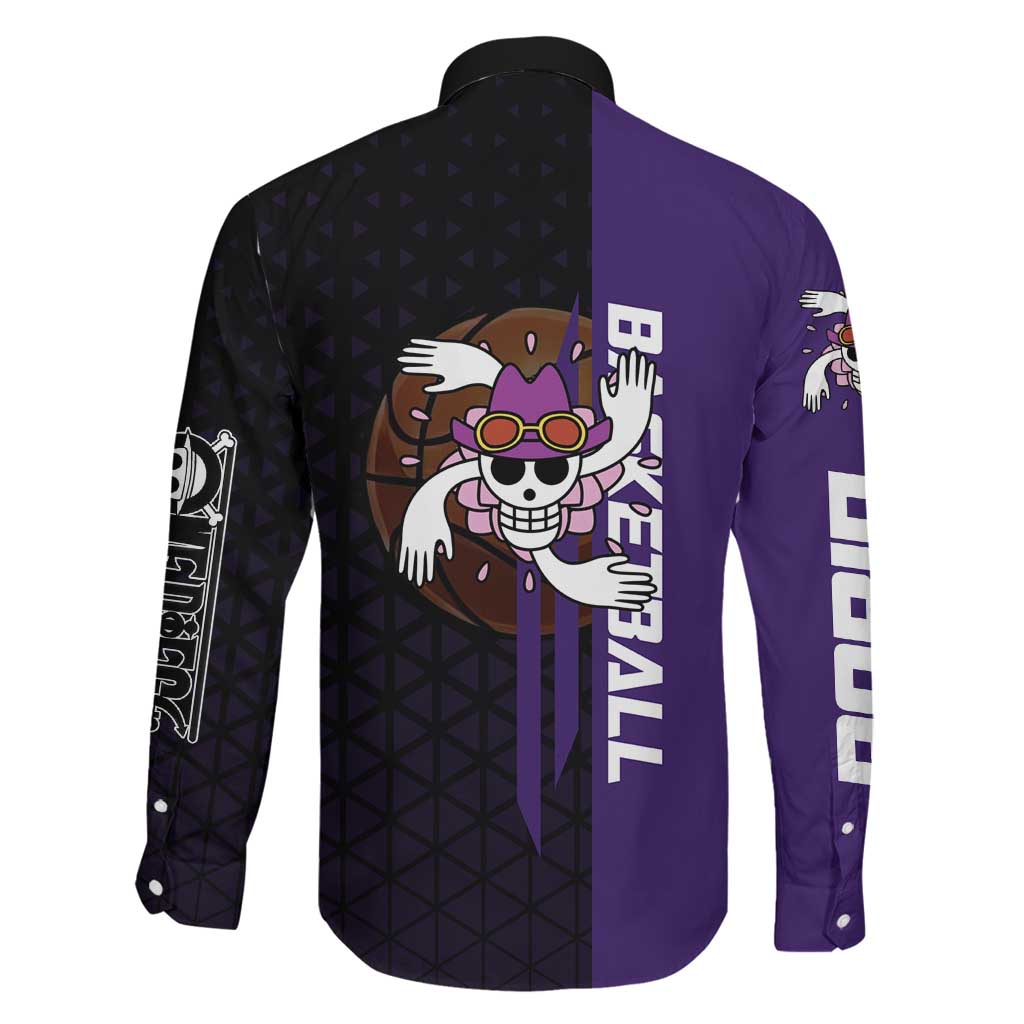 Nico Robin One Piece Basketball Theme Purple and Black Design Family Matching Off Shoulder Maxi Dress and Hawaiian Shirt with Action Pose and Crew Emblem