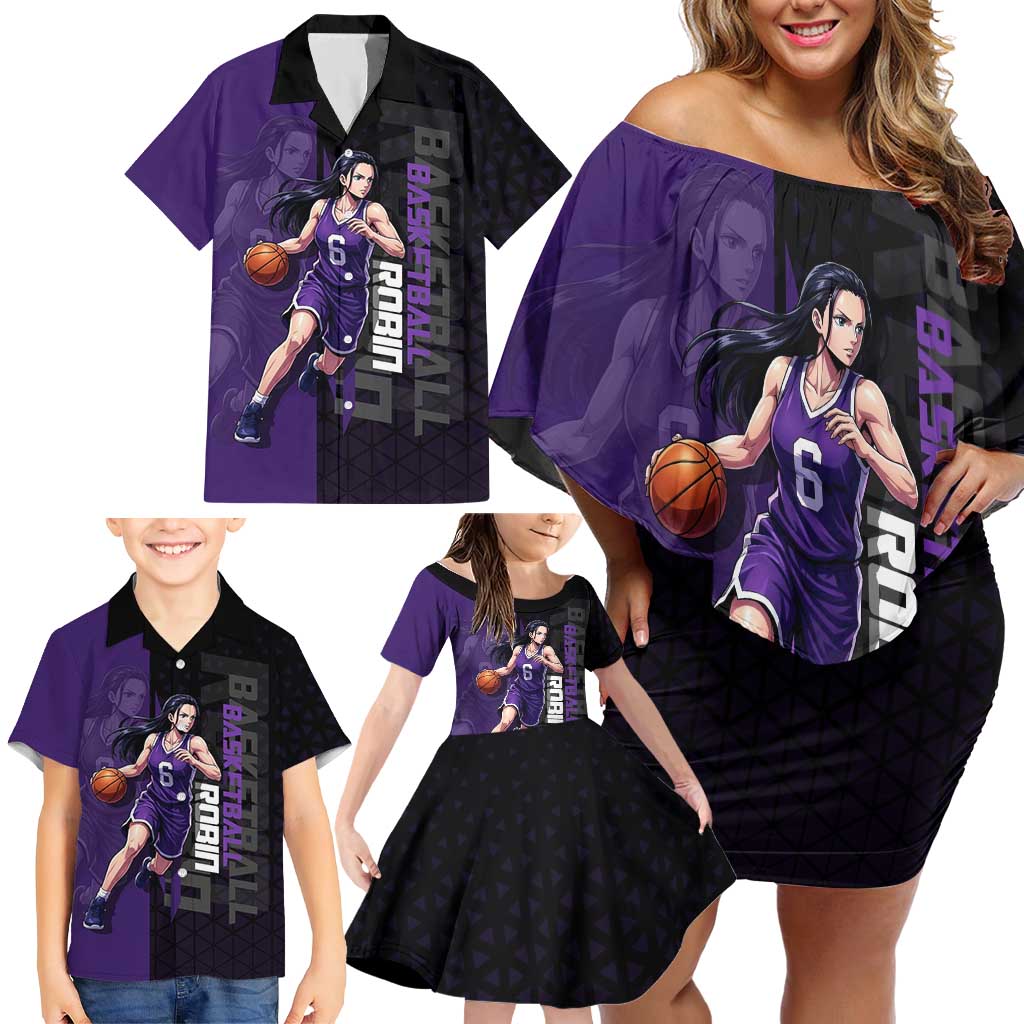 Nico Robin One Piece Basketball Theme Purple and Black Design Family Matching Off Shoulder Short Dress and Hawaiian Shirt with Action Pose and Crew Emblem