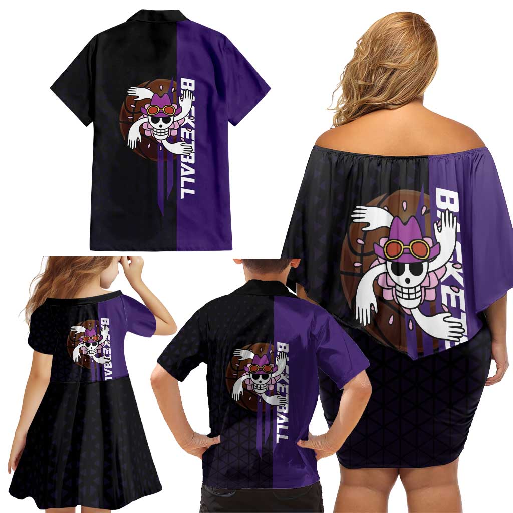 Nico Robin One Piece Basketball Theme Purple and Black Design Family Matching Off Shoulder Short Dress and Hawaiian Shirt with Action Pose and Crew Emblem