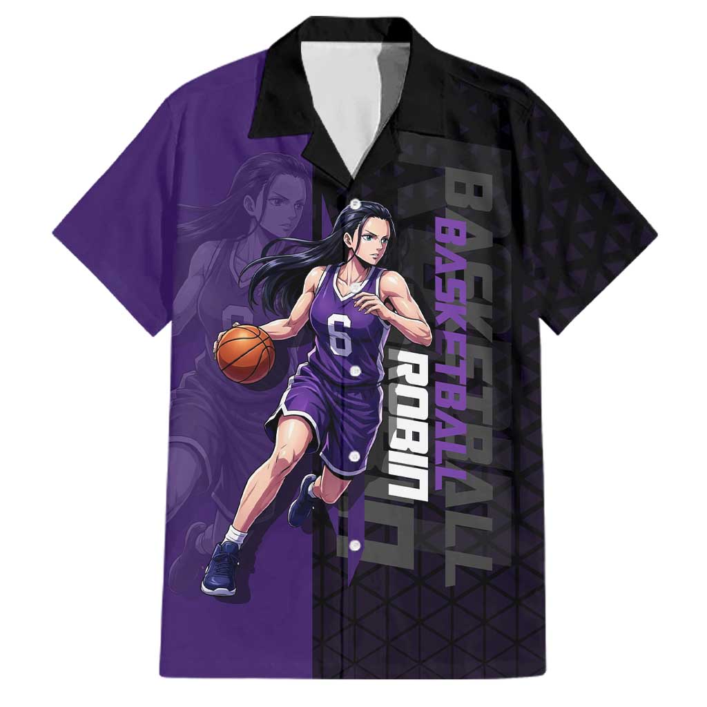 Nico Robin One Piece Basketball Theme Purple and Black Design Family Matching Off Shoulder Short Dress and Hawaiian Shirt with Action Pose and Crew Emblem