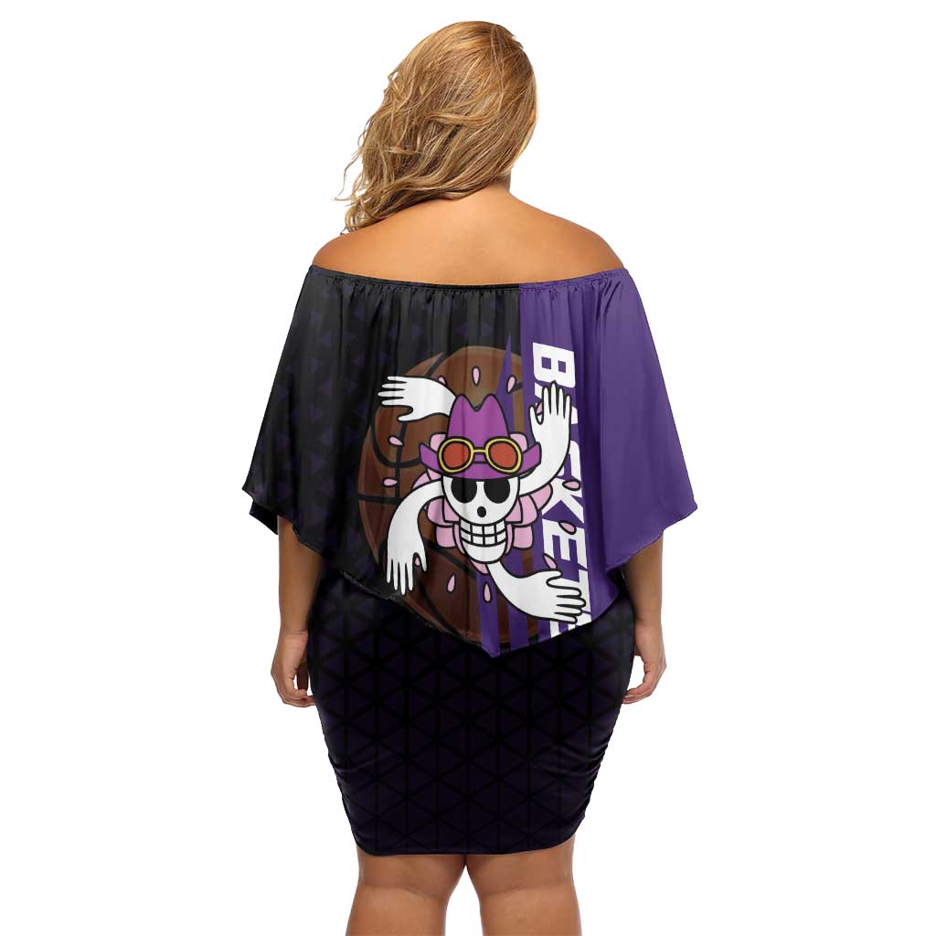 Nico Robin One Piece Basketball Theme Purple and Black Design Family Matching Off Shoulder Short Dress and Hawaiian Shirt with Action Pose and Crew Emblem