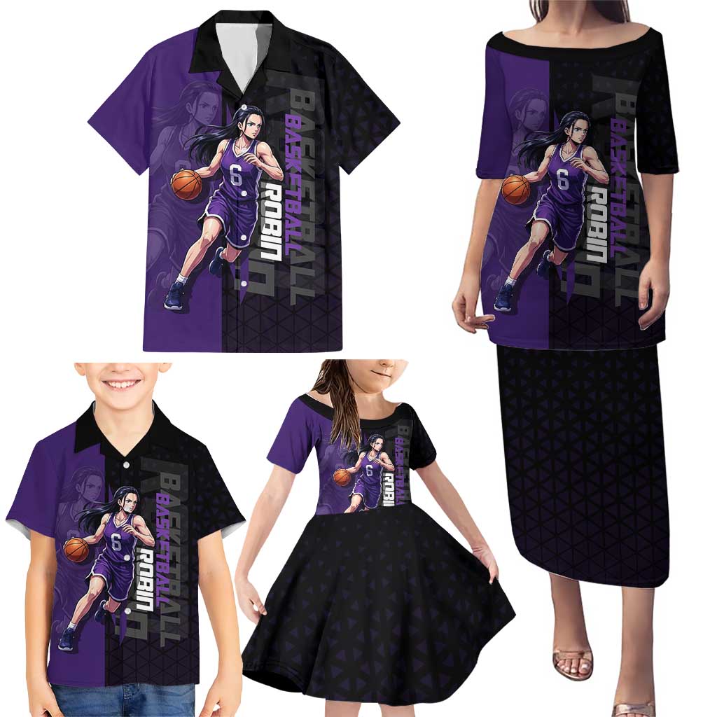 Nico Robin One Piece Basketball Theme Purple and Black Design Family Matching Puletasi and Hawaiian Shirt with Action Pose and Crew Emblem